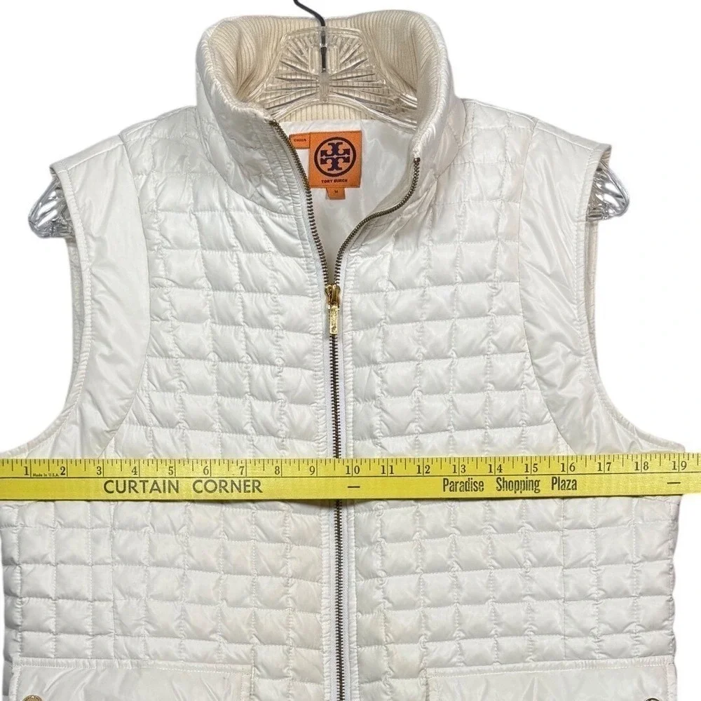 TORY BURCH Tricia Quilted Puffer Vest, White with Gold Hardware, Full Zip Size M